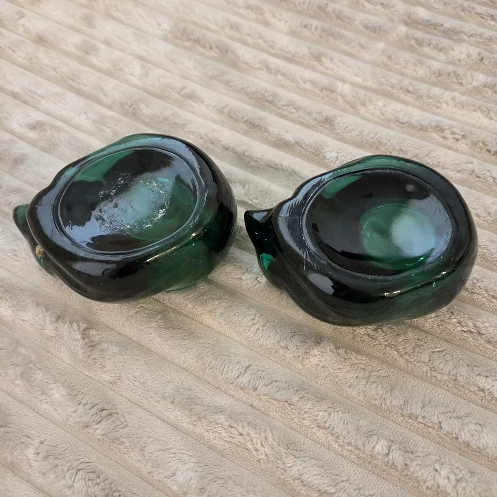 Lot of 2 Vintage Indiana Glass Emerald Green Sleeping Cat Votive Candle